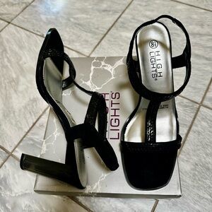 T-Strap Sequin embellished Textile Black Sandals 8.5